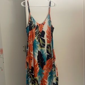 Tropical Leaf Long Maxi Dress w Pockets